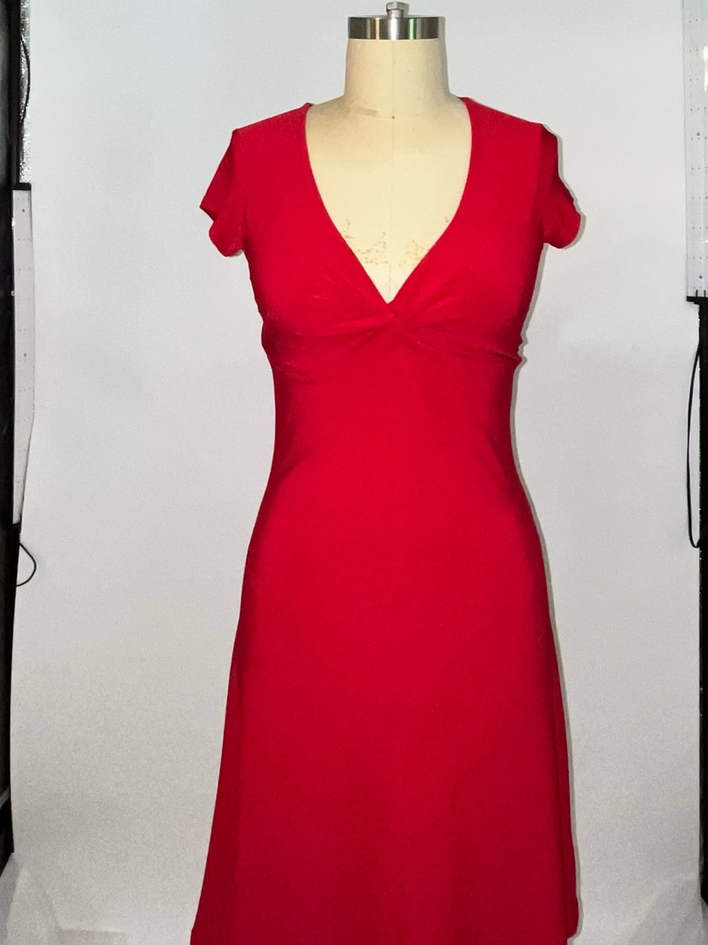 V-Neck Red Midi Dress with Cap Sleeves